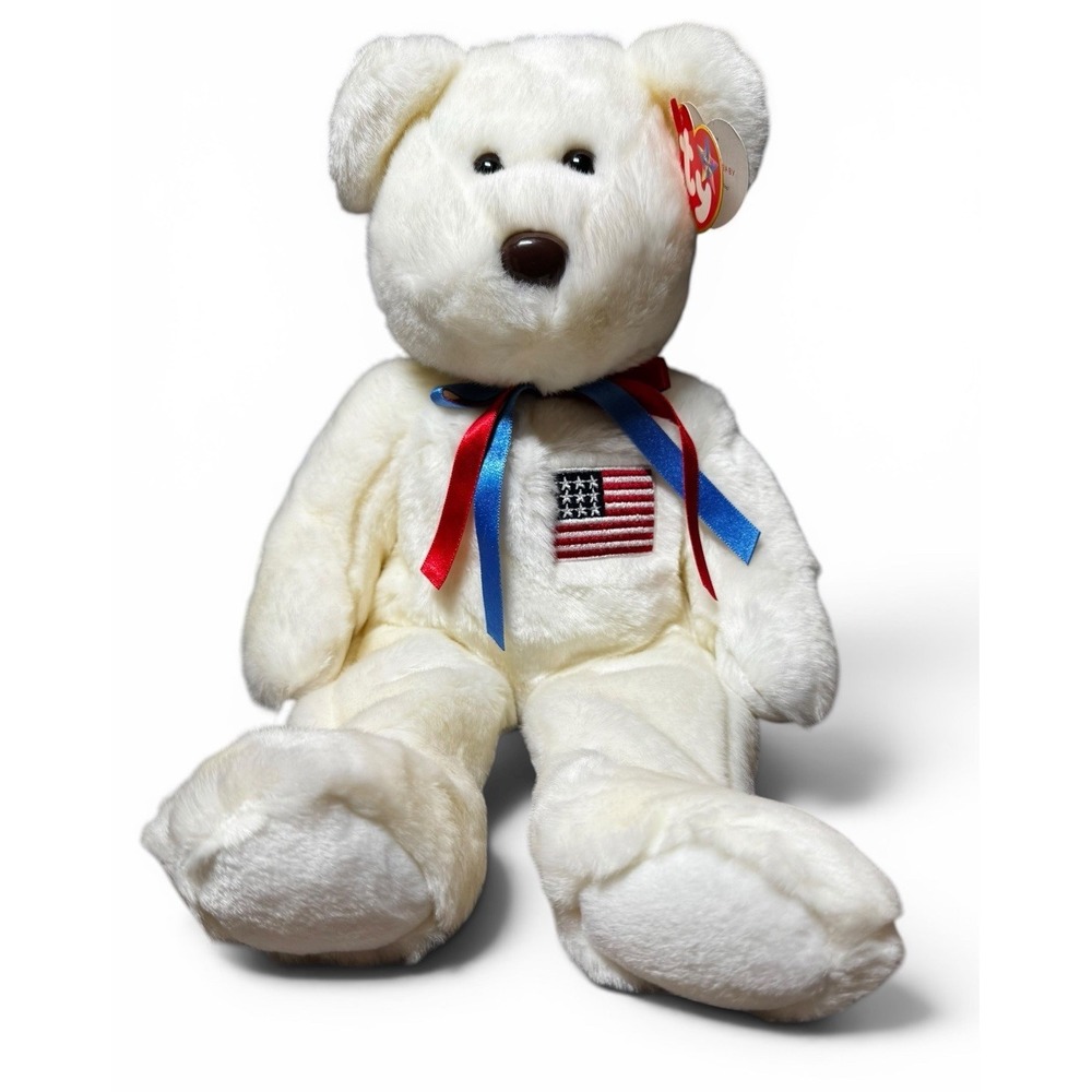 Ty Beanie Buddies Libearty Bear 14" White Plush USA Flag PE Pellets Tags
